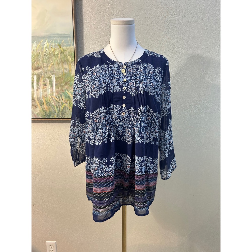 Daniel Rainn Blue Floral Boho Pintuck Blouse Sheer Sleeve Top Medium
